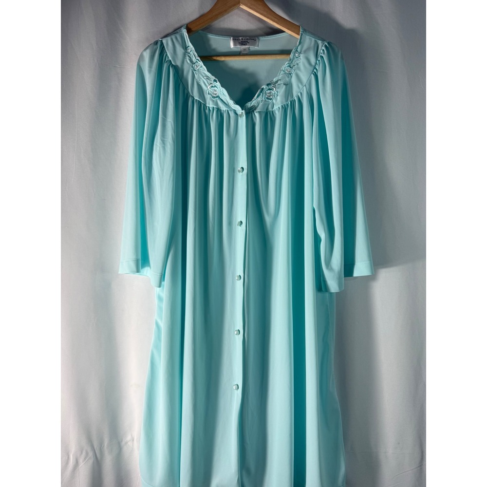 VTG Miss Elaine Woman Aqua Blue Nylon Button Front Nightgown Robe 1X Floral